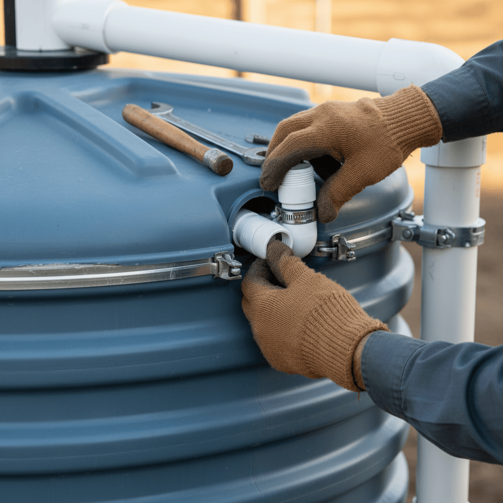 Agriculteur installant système de récupération d'eau de pluie sur cuve polyéthylène pour bénéficier des subventions agricoles