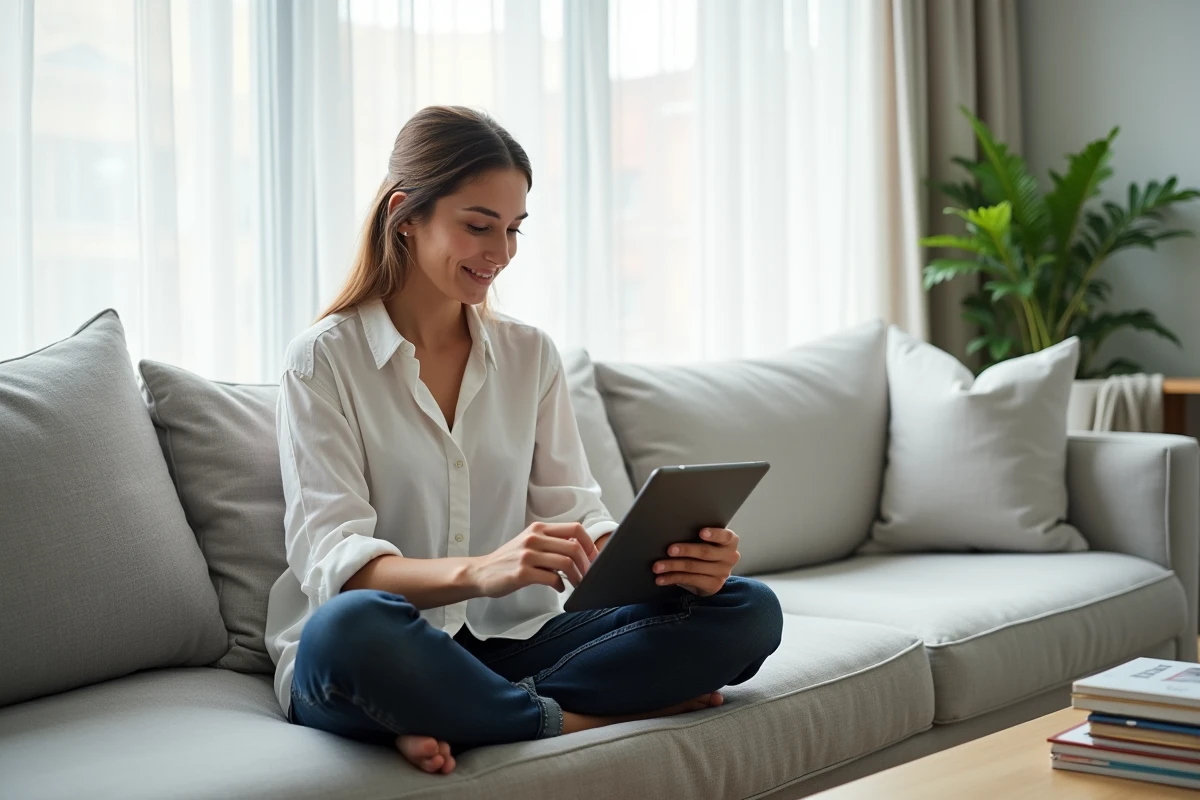 Jeune femme effectuant un achat en ligne sécurisé sur tablette depuis son salon avec son compte La Banque Postale