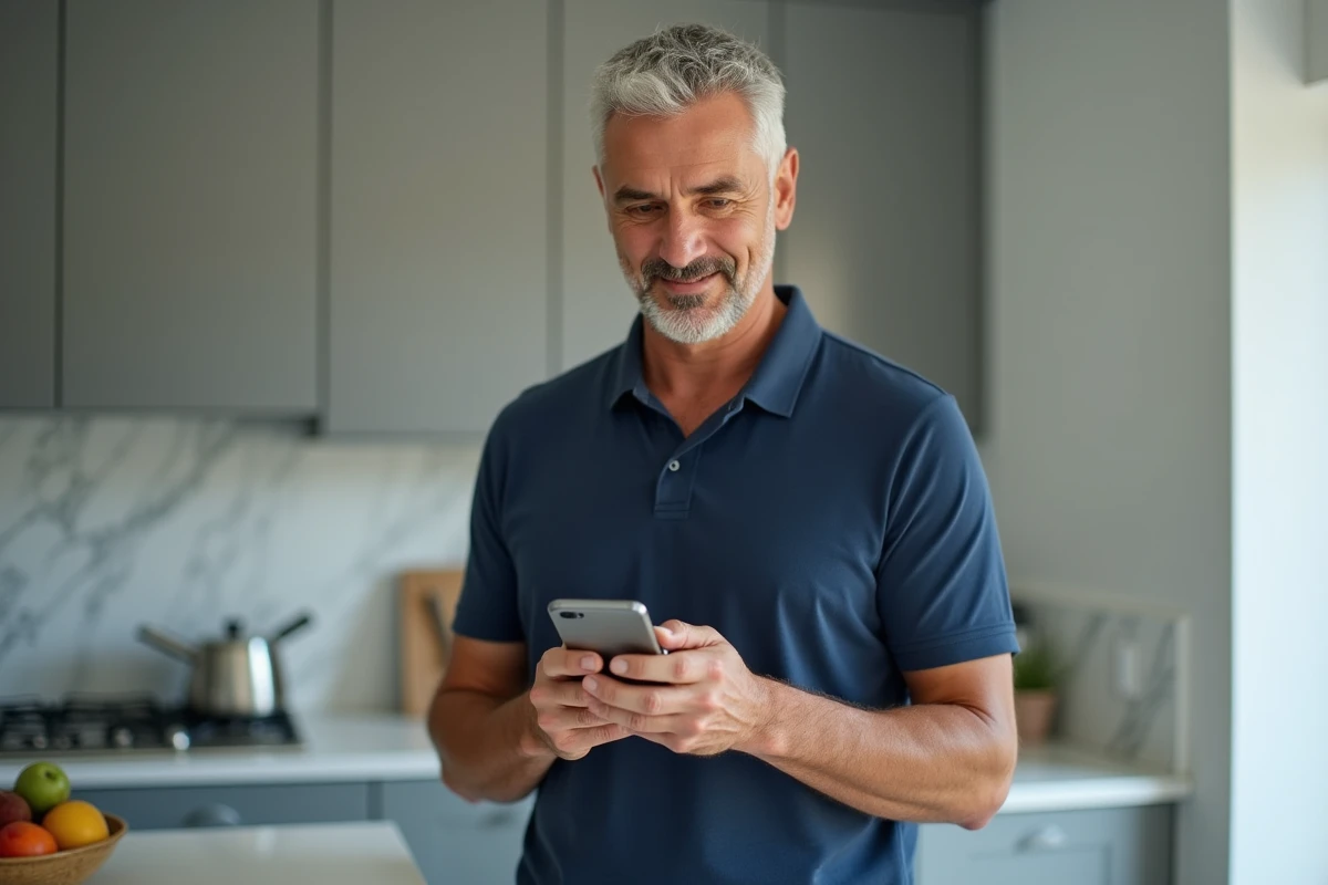Homme consultant son compte bancaire particulier sur application mobile depuis sa cuisine