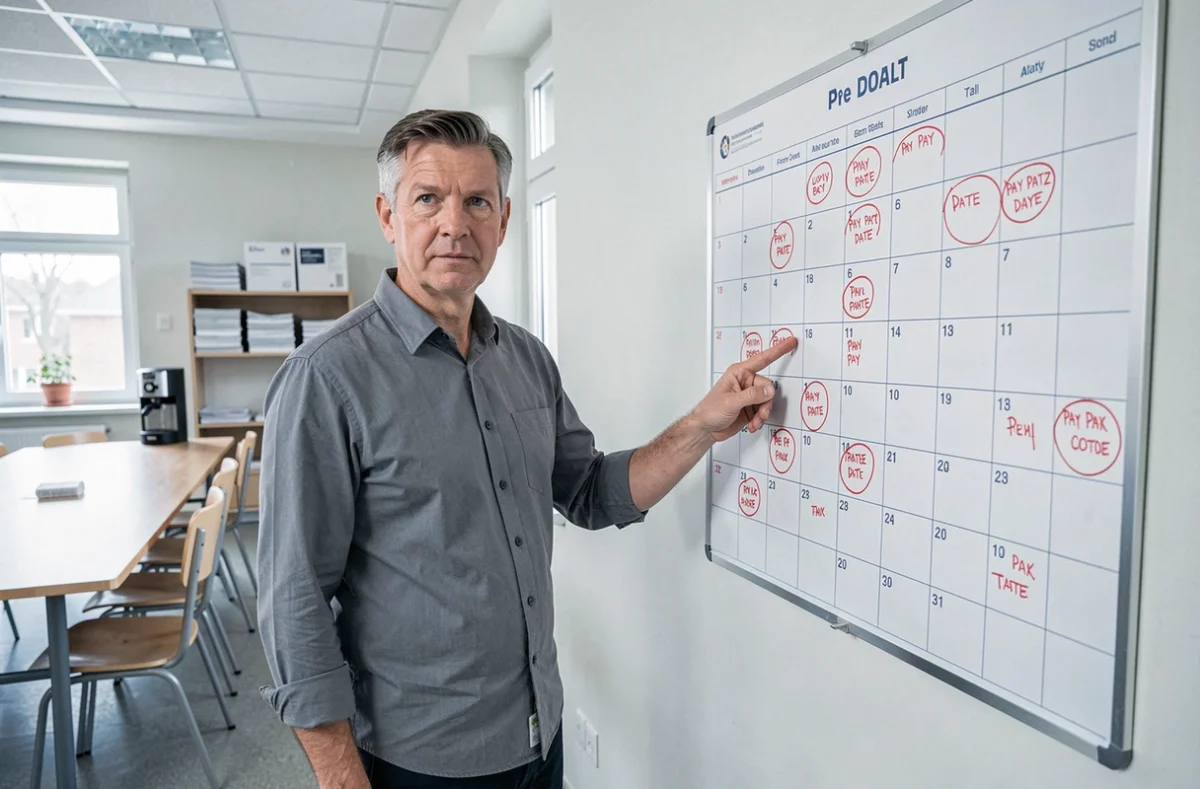 Responsable administratif scolaire pointant les dates de versement de salaire sur un calendrier mural de l'éducation nationale