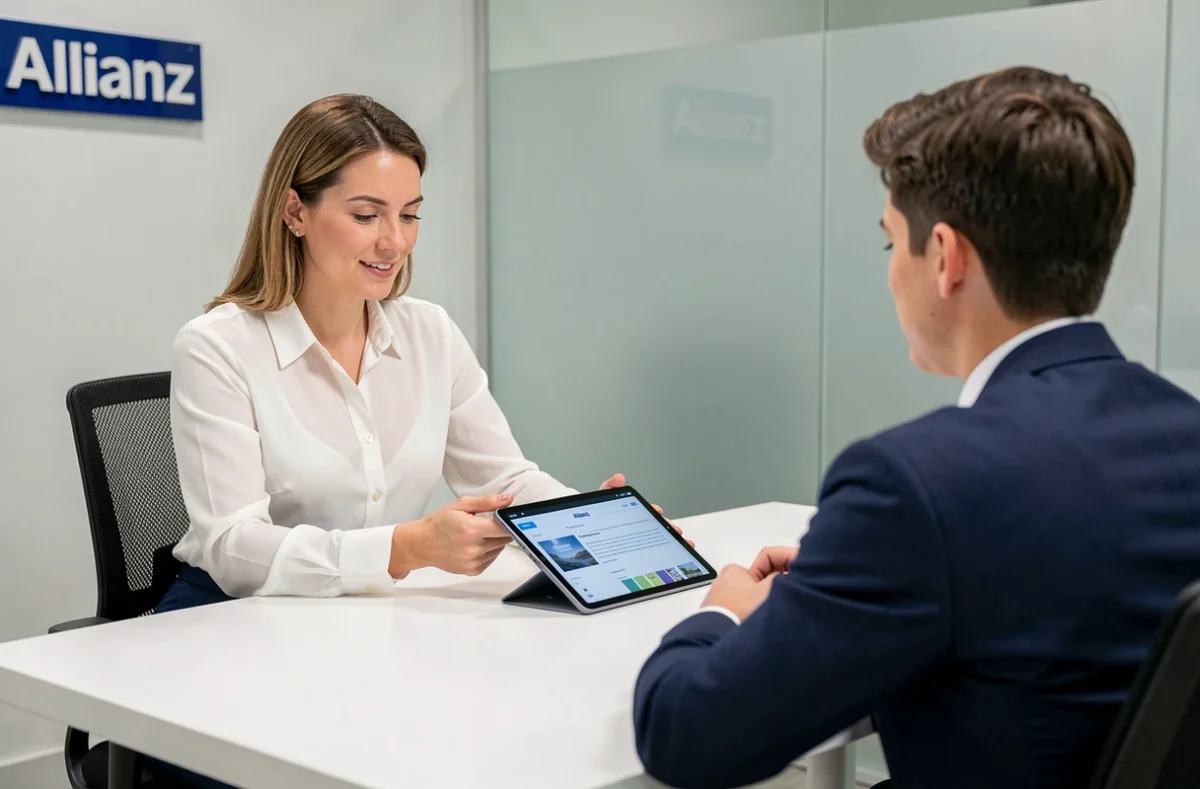 Conseillère Allianz Laval présentant une proposition d'assurance sur tablette à un jeune client