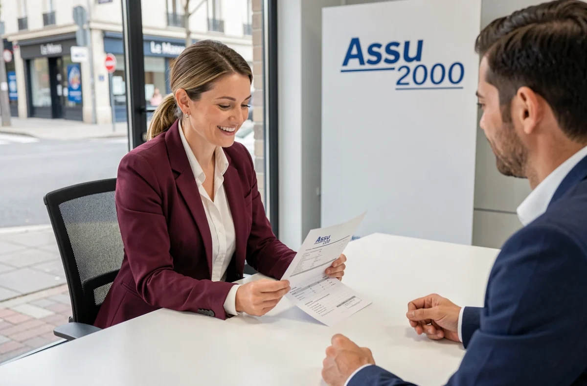 Conseillère de l'agence Assu 2000 Le Mans Nationale présentant un contrat d'assurance à un client