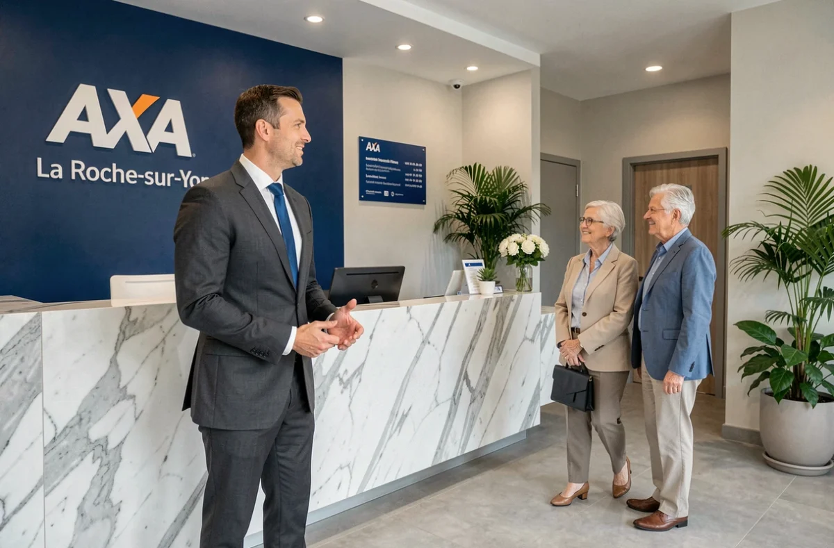 Agent AXA de La Roche-sur-Yon accueillant un couple de seniors dans une agence moderne