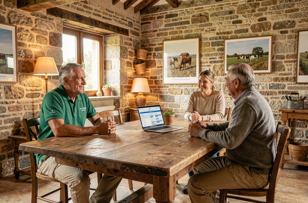 Conseiller Crédit Agricole Assurances Vendée en rendez-vous avec un couple d'agriculteurs dans une agence rurale