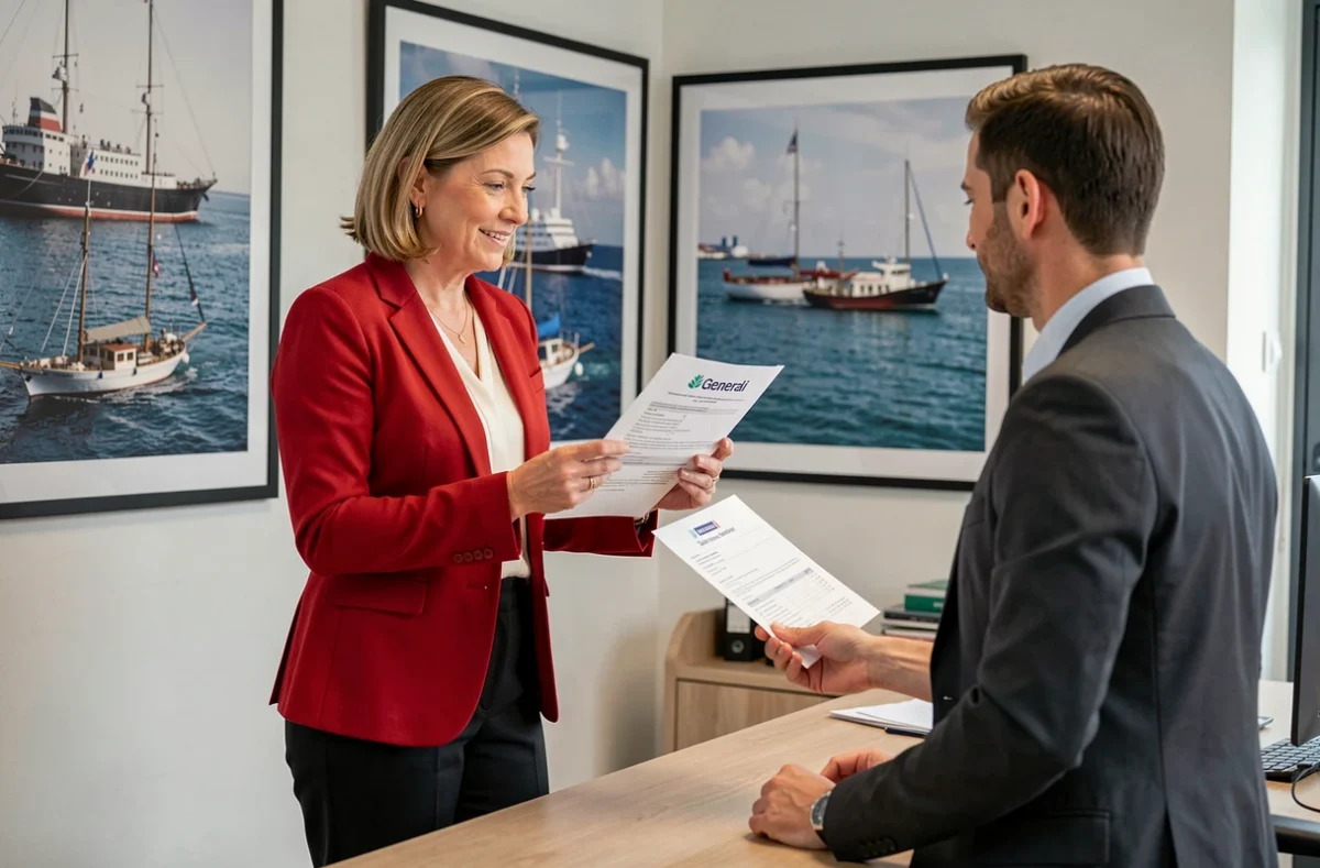Agente Generali Saint-Nazaire expliquant un contrat d'assurance à un client dans un bureau au décor maritime