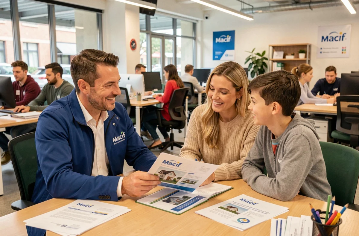 Conseiller de l'agence Macif Nantes discutant d'une assurance habitation avec une famille