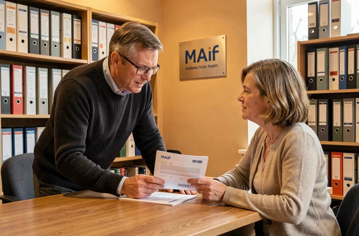 Conseiller de l'agence MAIF Angers en discussion avec une cliente autour d'un document d'assurance