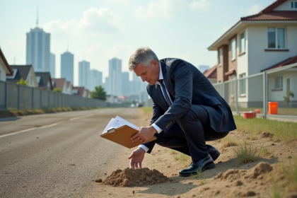 Agent immobilier en costume examine un sol vacant en ville