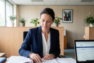 Agente publique examinant ses documents de remboursement administratif dans un bureau gouvernemental moderne