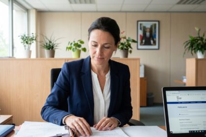 Agente publique examinant ses documents de remboursement administratif dans un bureau gouvernemental moderne