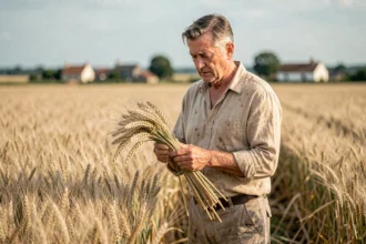 Agriculteur français examinant des épis de blé mûrs dans son champ au moment de la récolte, illustration du prix du quintal de blé fermage 2026