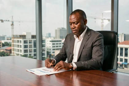 Homme d'affaires africain en costume gris étudiant des documents financiers dans un bureau exécutif moderne avec vue sur une skyline urbaine, illustrant la fortune et les secteurs d'activité d'Aliou Mara