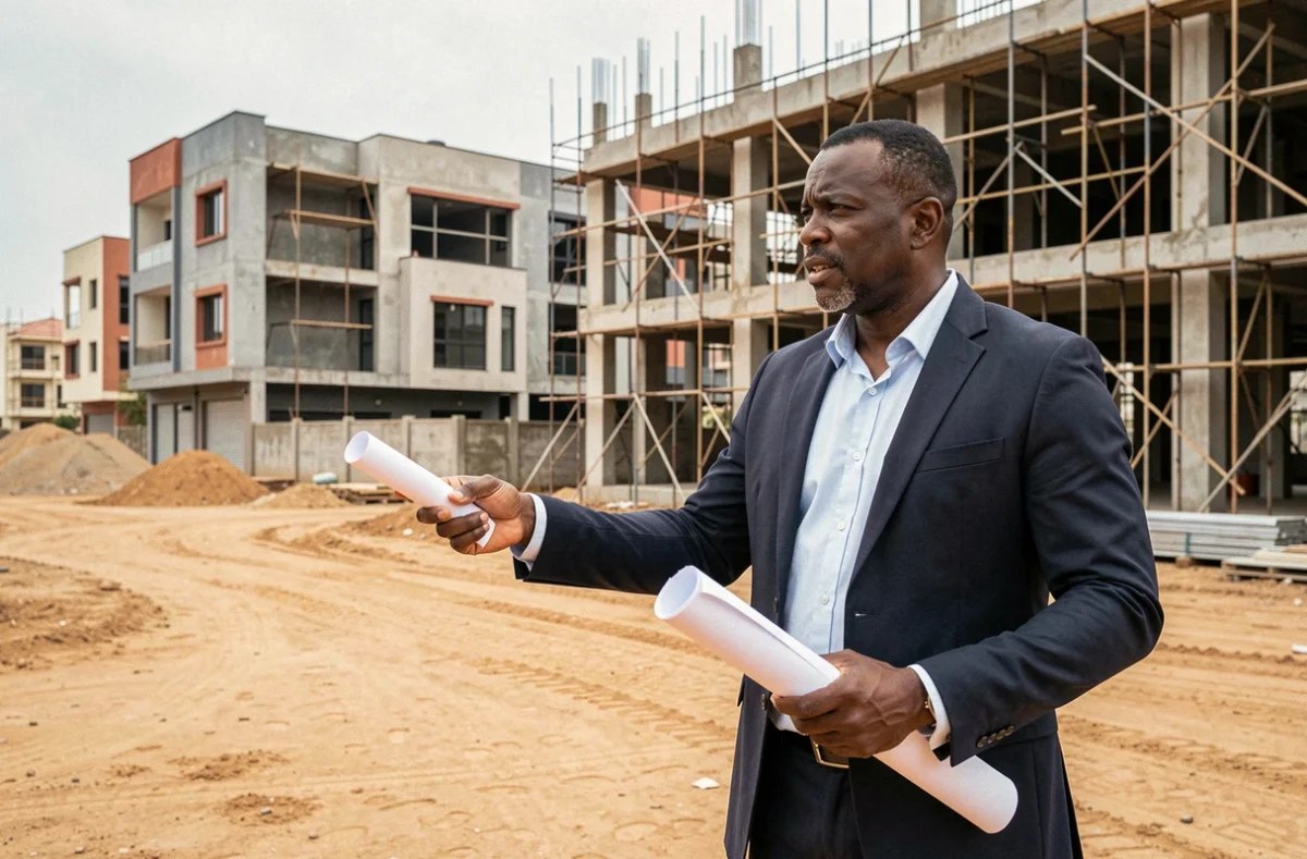 Entrepreneur africain en blazer marine devant un chantier de construction immobilière en Afrique de l'Ouest, tenant un plan architectural, évoquant les investissements immobiliers rentables d'un homme d'affaires prospère