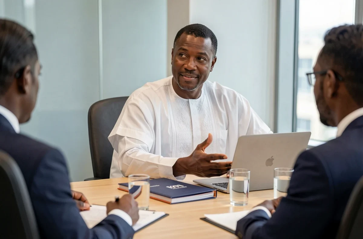 Homme d'affaires sénégalais en boubou blanc traditionnel lors d'une réunion stratégique en salle de conférence moderne, illustrant le profil entrepreneurial et les activités lucratives d'un entrepreneur influent