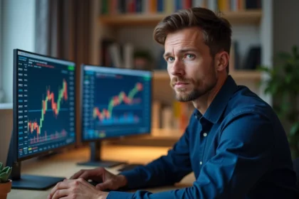 Homme analysant des graphiques de cryptomonnaies sur deux écrans dans un bureau minimaliste moderne