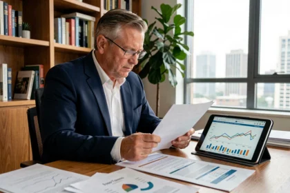 Homme d'affaires analysant des documents de placement immobilier SCPI sur son bureau à domicile