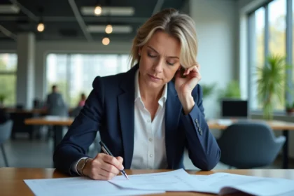 Femme cadre analysant des justificatifs de frais de repas sur son bureau pour sa déclaration d'impôts 2026