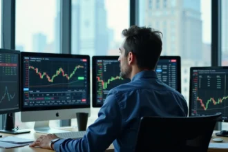 Analyste financier étudiant des codes boursiers EPA et NYSE sur plusieurs écrans dans un bureau moderne