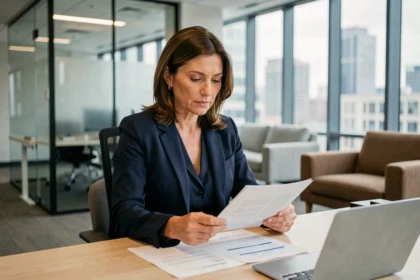 Femme analyste financière examinant des documents sur les frais de gestion de SCPI dans un bureau moderne
