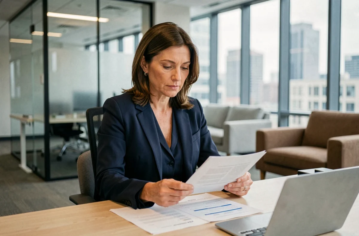 Femme analyste financière examinant des documents sur les frais de gestion de SCPI dans un bureau moderne