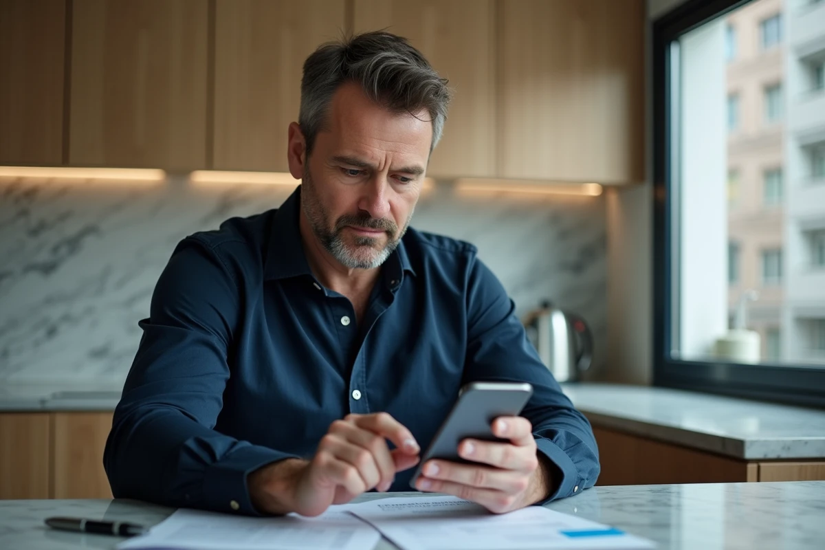Homme utilisant une application bancaire sur smartphone pour annuler et bloquer le prélèvement REMISEREDUC