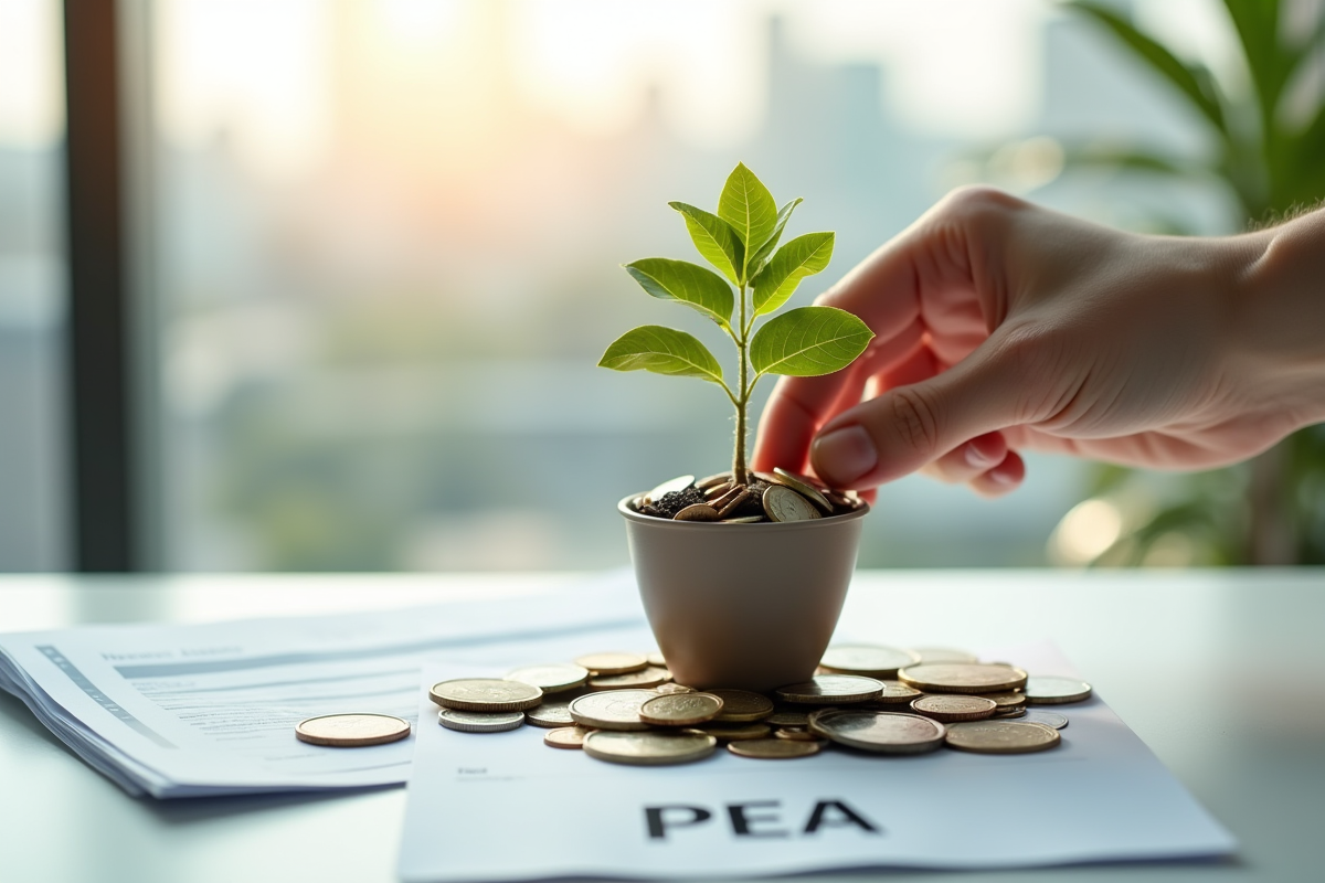 Main posant un arbre en pièces et billets avec documents PEA