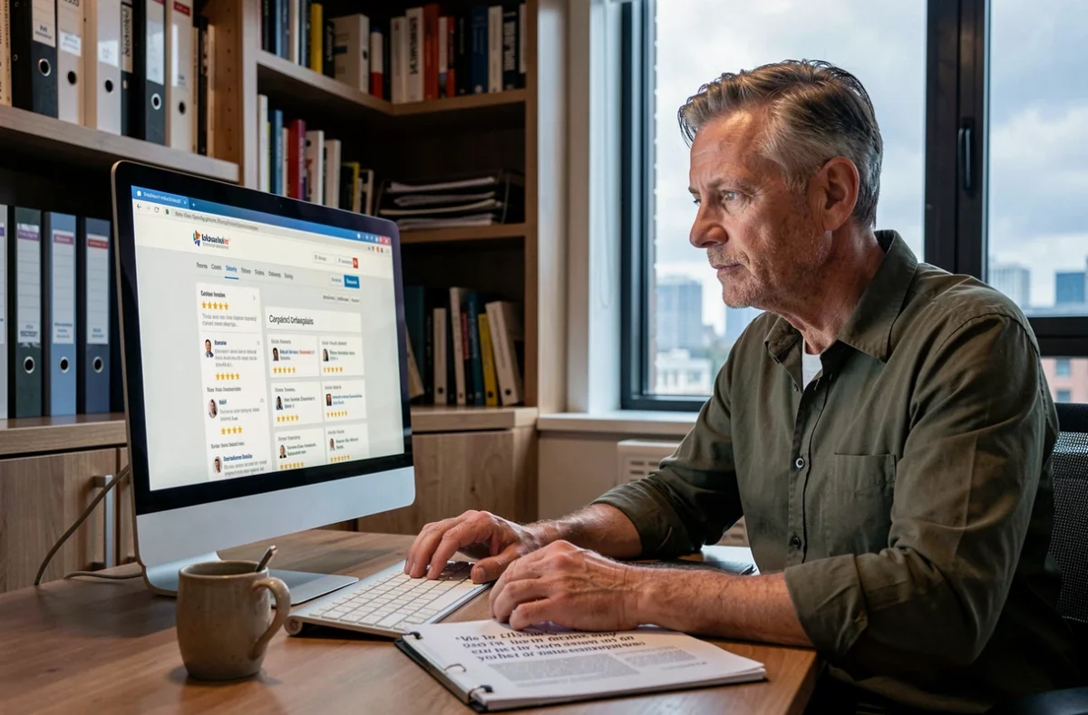Homme lisant des avis clients sur une assurance emprunteur en ligne depuis son bureau