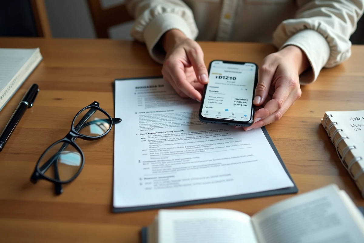 Mains tenant un avis d'imposition foncière à côté d'un smartphone affichant une application bancaire avec prélèvement mensuel programmé