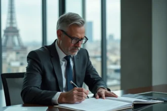 Avocat d'affaires analysant des documents de conformité fiscale liés aux flux intragroupes dans un bureau parisien moderne