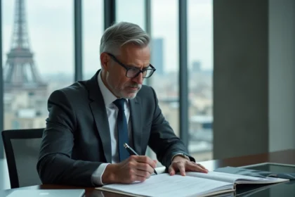 Avocat d'affaires analysant des documents de conformité fiscale liés aux flux intragroupes dans un bureau parisien moderne