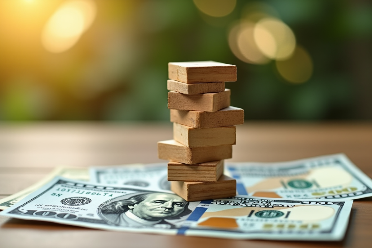 Blocs en bois empiles sur un billet de 1000 dollars