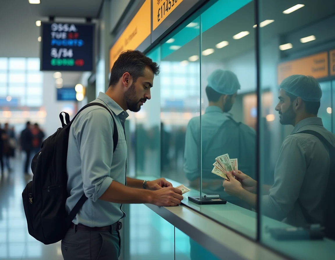 Homme échangeant des dirhams en euros dans un bureau de change à l'aéroport