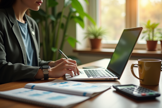 Freelancer analysant brochures de retraite dans un bureau lumineux