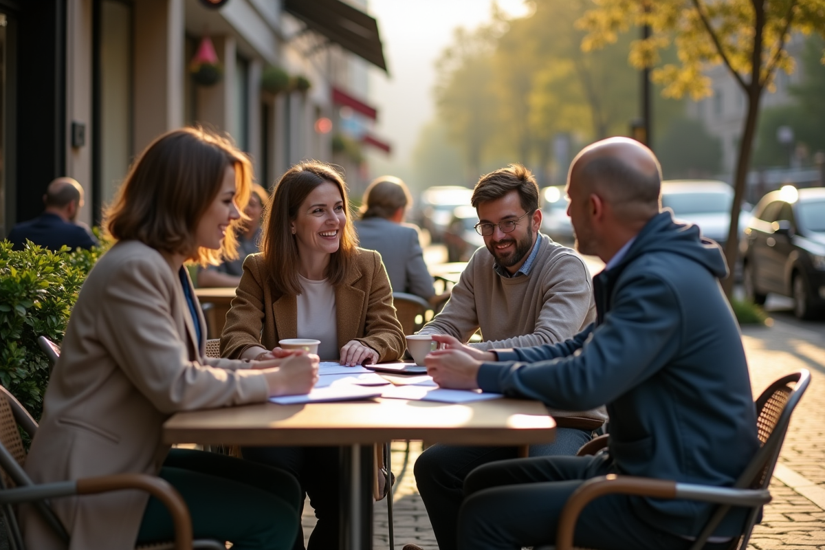 Groupe de travailleurs indépendants discutant pension en café extérieur