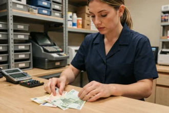Caissière comptant des billets de banque en euros sur un comptoir en bois dans une arrière-boutique professionnelle