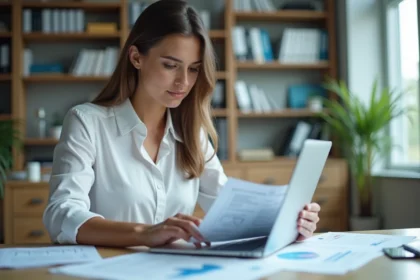 Comptable femme calculant l'acompte d'impôt sur les sociétés sur ordinateur portable dans un bureau moderne