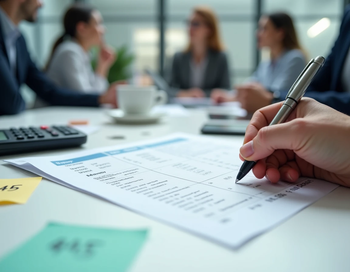 Mains calculant la différence entre salaire brut et net 2026 avec un tableau de cotisations sociales imprimé