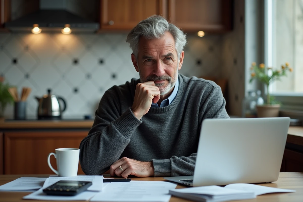 Homme calculant les implications financières du rachat de rente d'accident du travail à la maison