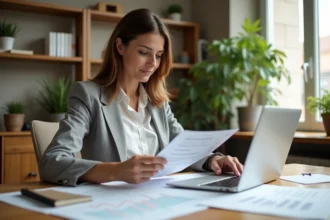 Femme épargnante qui étudie le calcul du rendement SCPI sur des documents financiers imprimés dans un bureau à domicile moderne