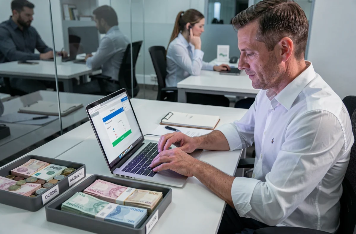 Homme utilisant une calculatrice en ligne pour compter et organiser des billets de banque sur un bureau de bureau moderne