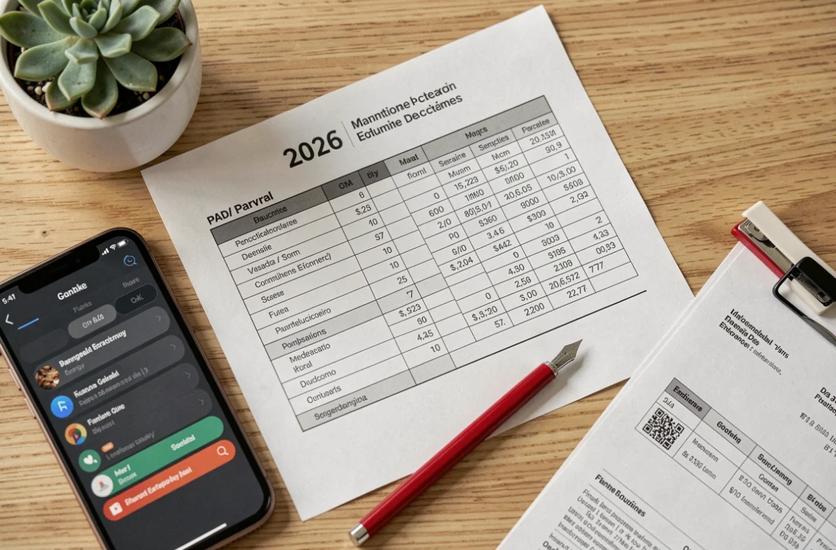 Vue à plat du calendrier de paie 2026 de l'éducation nationale avec bulletin de salaire et smartphone sur un bureau en bois