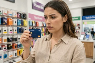 Femme examinant une carte SIM prépayée dans une boutique de téléphonie mobile