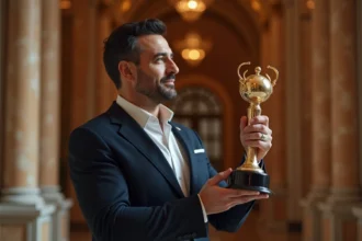Lauréat tenant un trophée de prestige lors de la cérémonie du prix Philip Morris Espagne 2026