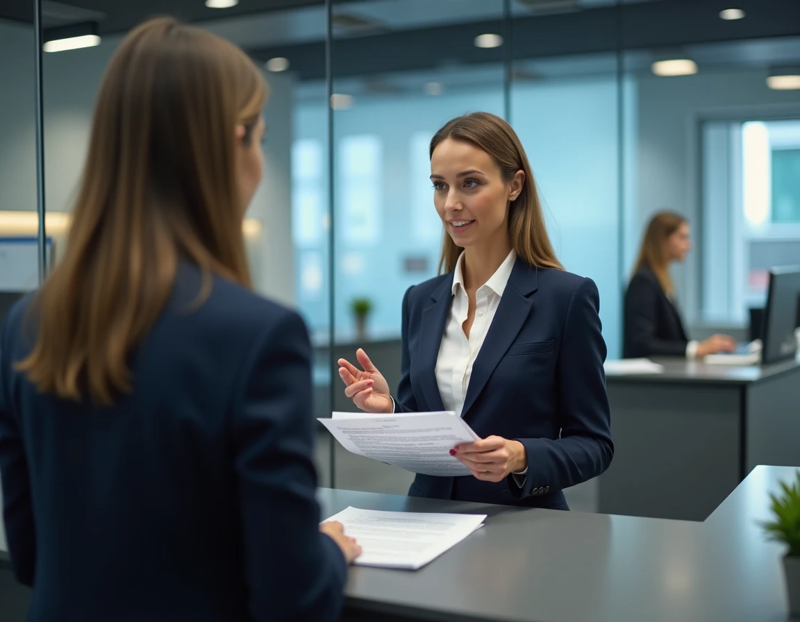 Cliente en agence bancaire présentant un relevé de compte à un conseiller pour contester un prélèvement Remisereduc non autorisé