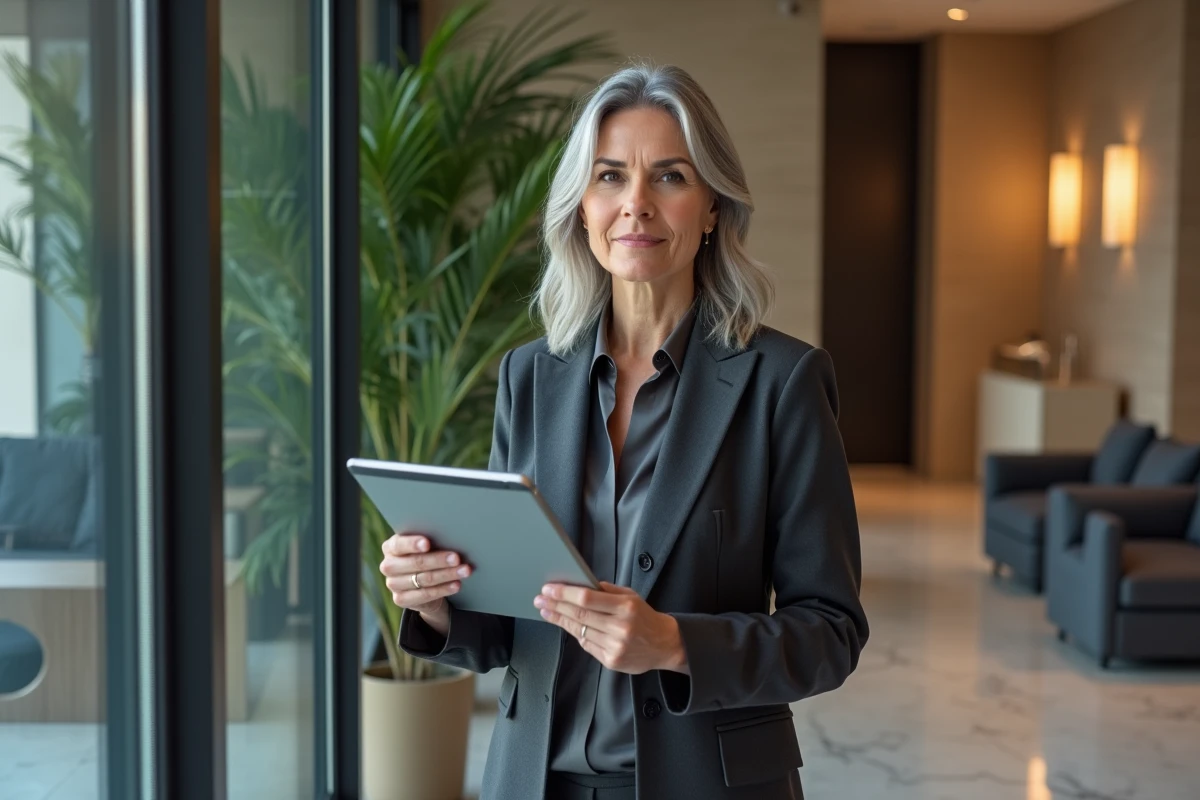 Cliente aisée de la banque privée BNP Paribas consultant un tableau de bord de gestion de patrimoine sur tablette dans un salon moderne haut de gamme