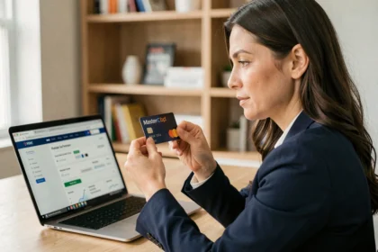 Femme comparant les tarifs de la carte Mastercard Crédit Agricole avec ceux des banques en ligne sur un ordinateur portable