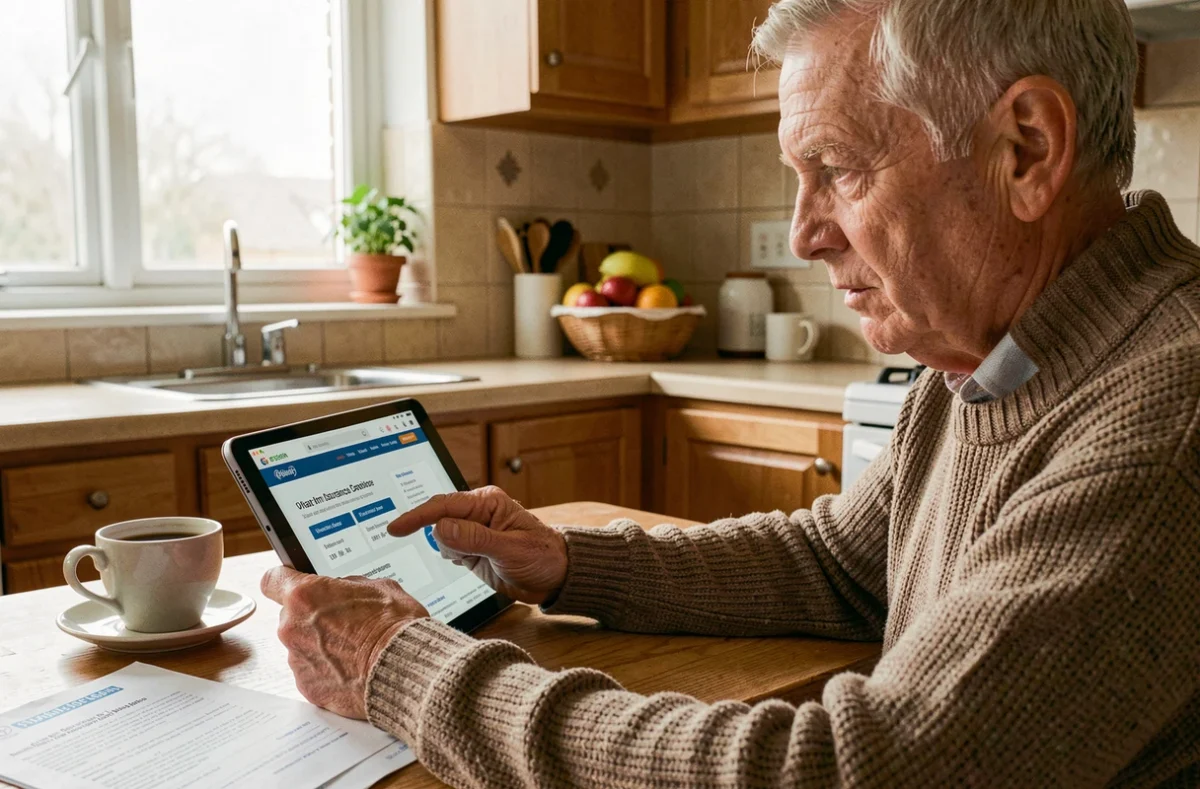 Senior comparant des mutuelles santé en ligne sur une tablette après une hospitalisation