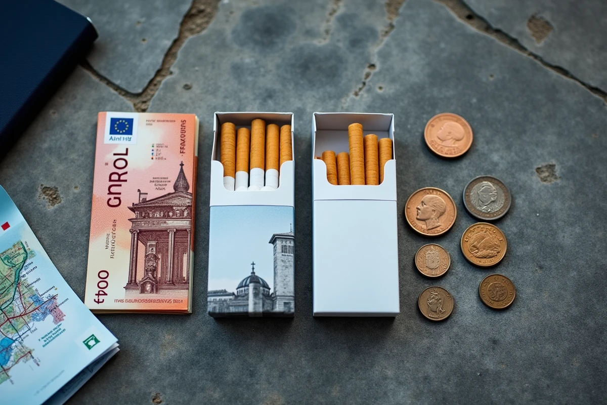 Comparaison de paquets de cigarettes avec euros et francs suisses posés sur une surface en pierre près de la frontière