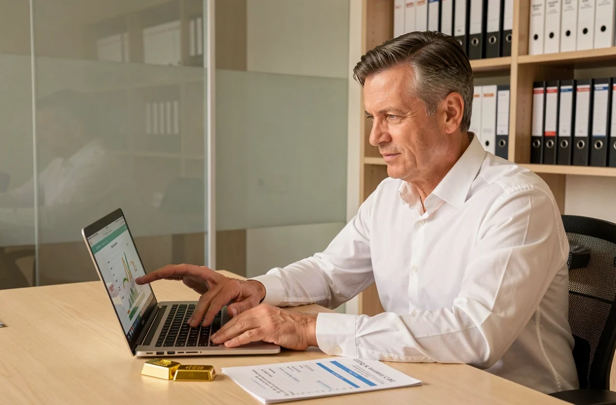 Homme d'affaires comparant les prix d'un lingot d'or 250g sur ordinateur portable avec un tableau de cotations imprimé