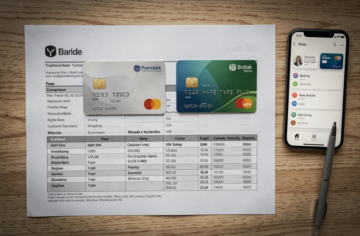 Comparatif visuel des frais de cartes Mastercard entre le Crédit Agricole et les banques en ligne posées sur un bureau